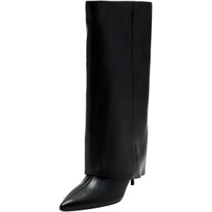 imageFSJ Women Knee High Boots Fold Over Stiletto High Heel Pointed Toe Long Boots Wide Calf Sexy Fashion Party Dress Tall Boots Size 416 USBlack