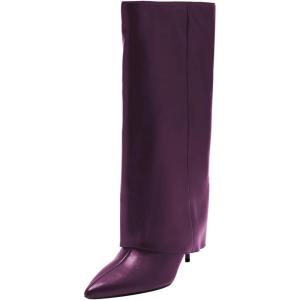 imageFSJ Women Knee High Boots Fold Over Stiletto High Heel Pointed Toe Long Boots Wide Calf Sexy Fashion Party Dress Tall Boots Size 416 USPurple