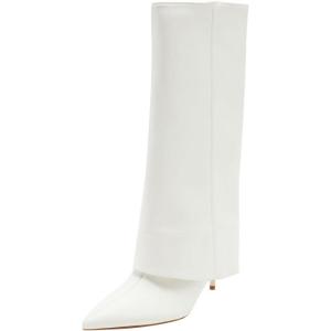 imageFSJ Women Knee High Boots Fold Over Stiletto High Heel Pointed Toe Long Boots Wide Calf Sexy Fashion Party Dress Tall Boots Size 416 USWhite