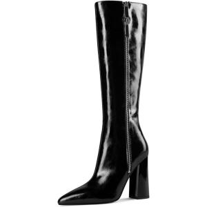 imageFSJ Women Knee High Boots Pointed Toe Chunky Block Heel Zipper Booties Faux Leather Combat Riding Ladies Party Dress Long Boots Size 415 USBlack