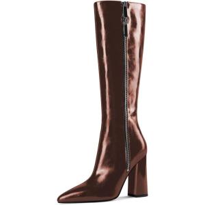 imageFSJ Women Knee High Boots Pointed Toe Chunky Block Heel Zipper Booties Faux Leather Combat Riding Ladies Party Dress Long Boots Size 415 USMaroon