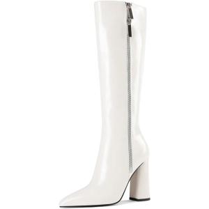 imageFSJ Women Knee High Boots Pointed Toe Chunky Block Heel Zipper Booties Faux Leather Combat Riding Ladies Party Dress Long Boots Size 415 USWhite