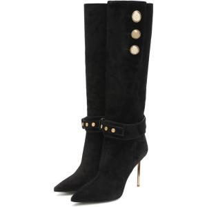 imageFSJ Women Retro Stacked Knee High Long Boots Pointed Toe Stiletto High Metal Heels Shoes With Buttons Size 415 USBlack