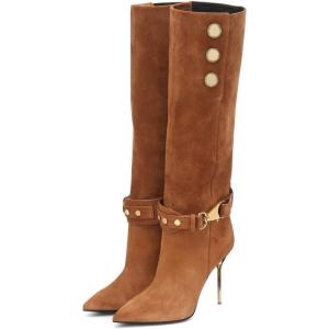imageFSJ Women Retro Stacked Knee High Long Boots Pointed Toe Stiletto High Metal Heels Shoes With Buttons Size 415 USBrown