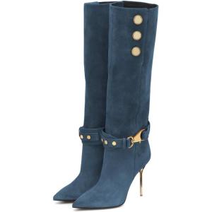 imageFSJ Women Retro Stacked Knee High Long Boots Pointed Toe Stiletto High Metal Heels Shoes With Buttons Size 415 USDark Blue