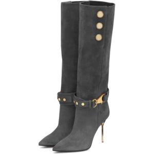 imageFSJ Women Retro Stacked Knee High Long Boots Pointed Toe Stiletto High Metal Heels Shoes With Buttons Size 415 USDark Grey
