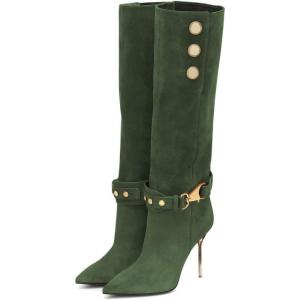 imageFSJ Women Retro Stacked Knee High Long Boots Pointed Toe Stiletto High Metal Heels Shoes With Buttons Size 415 USGreen