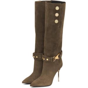 imageFSJ Women Retro Stacked Knee High Long Boots Pointed Toe Stiletto High Metal Heels Shoes With Buttons Size 415 USSaddle Brown
