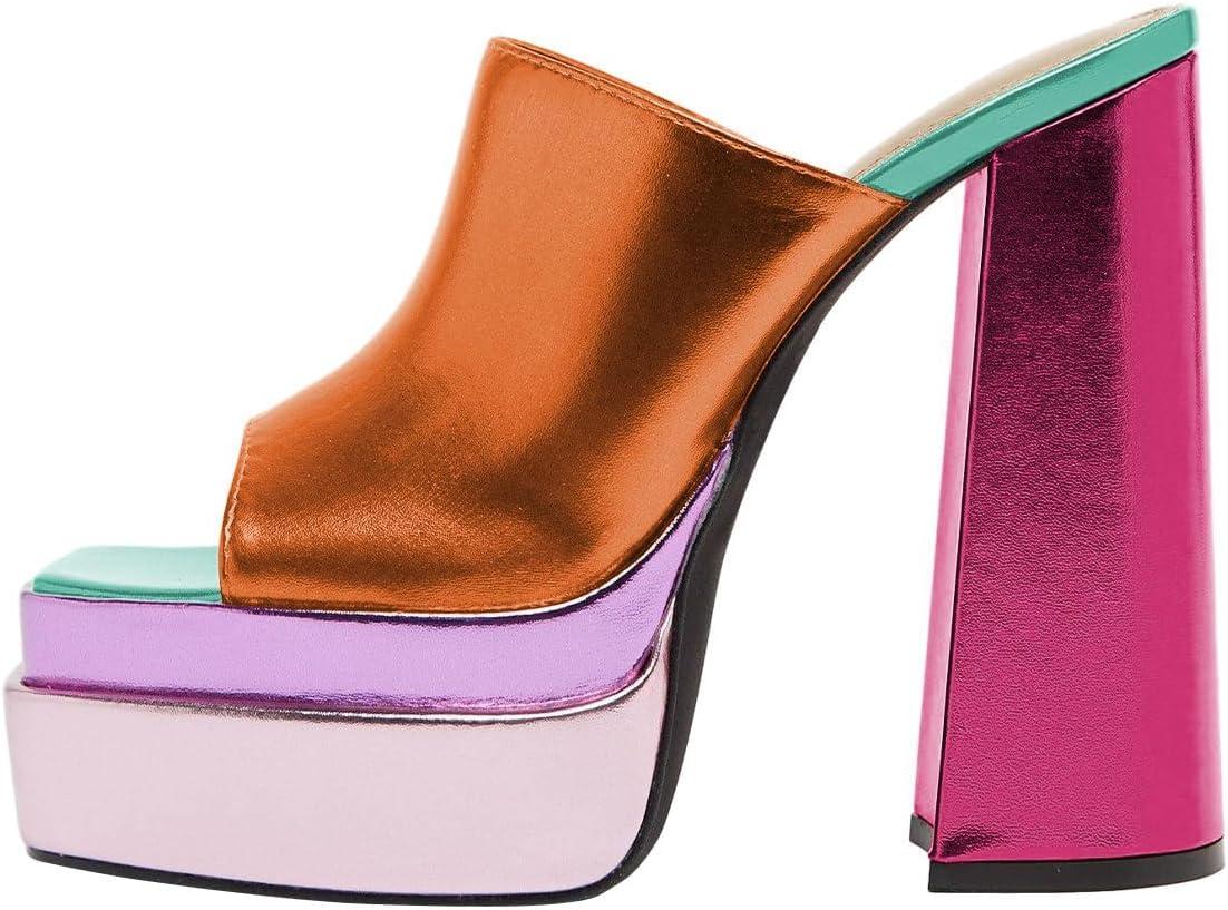 imageFSJ Women Chunky Platform Sandals Slip On Square Open Toe High Heel Sexy Mules Fashion Heeled Slide Party Date Dress Shoes Size 416 USColorfulorange