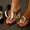 imageFSJ Women Square Open Toe Thong High Heel Sandals Gold Detail Chain Heel Flip Flops SlipOn Summer Mules Comfortable Sexy Slippers Size 416 USBrown