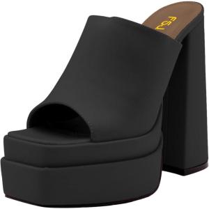 imageFSJ Women Chunky Platform Sandals Slip On Square Open Toe High Heel Sexy Mules Fashion Heeled Slide Party Date Dress Shoes Size 416 USBlack