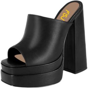 imageFSJ Women Chunky Platform Sandals Slip On Square Open Toe High Heel Sexy Mules Fashion Heeled Slide Party Date Dress Shoes Size 416 USBlack2