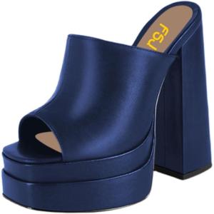 imageFSJ Women Chunky Platform Sandals Slip On Square Open Toe High Heel Sexy Mules Fashion Heeled Slide Party Date Dress Shoes Size 416 USBlue