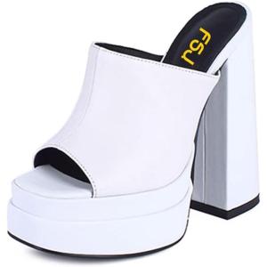 imageFSJ Women Chunky Platform Sandals Slip On Square Open Toe High Heel Sexy Mules Fashion Heeled Slide Party Date Dress Shoes Size 416 USWhite