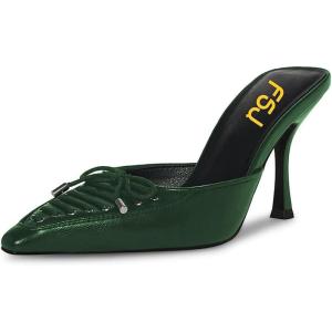 imageFSJ Women Pointed Closed Toe Stiletto High Heel Mules Sandals Slip On Strappy Bow Backless Casual Summer Dress Slipper Size 415 USBottle Green