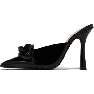 imageFSJ Women Pointed Toe Chain Stiletto Heels Slide Mules Dress Patent Leather Slip On Loafer Party Heeled Sandals Shoes Size 415 USBlack