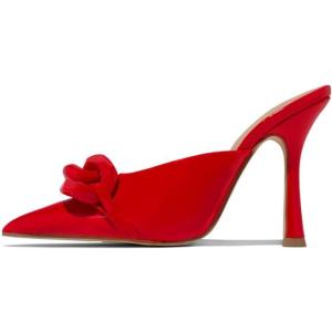 imageFSJ Women Pointed Toe Chain Stiletto Heels Slide Mules Dress Patent Leather Slip On Loafer Party Heeled Sandals Shoes Size 415 USRed