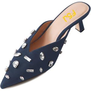 imageFSJ Women Retro Crystal Rhinestone Pointed Toe Slip on Kitten Heel Mules Low Heel Pumps Slide Slipper Girls Party Classic Outfit Sandals Size 415 USBlue