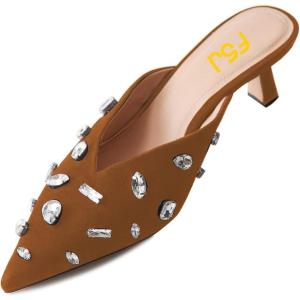 imageFSJ Women Retro Crystal Rhinestone Pointed Toe Slip on Kitten Heel Mules Low Heel Pumps Slide Slipper Girls Party Classic Outfit Sandals Size 415 USBrown
