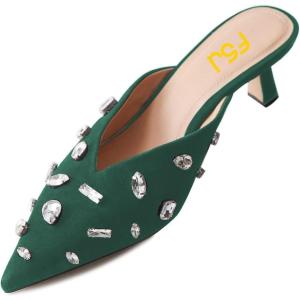 imageFSJ Women Retro Crystal Rhinestone Pointed Toe Slip on Kitten Heel Mules Low Heel Pumps Slide Slipper Girls Party Classic Outfit Sandals Size 415 USGreen