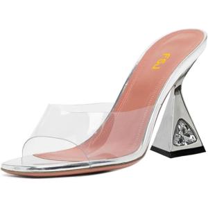 imageFSJ Women Square Open Toe Mules Slip On Chic Crystal Flared Heel Sildes Sandals Backless Fashion Wedding Dress Slipper Shoes Size 416 USClear