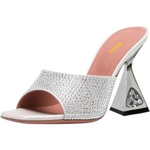 imageFSJ Women Square Open Toe Mules Slip On Chic Crystal Flared Heel Sildes Sandals Backless Fashion Wedding Dress Slipper Shoes Size 416 USRhinestones