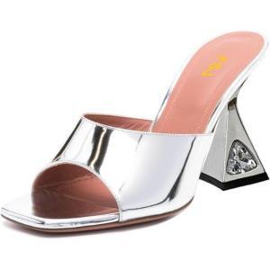 imageFSJ Women Square Open Toe Mules Slip On Chic Crystal Flared Heel Sildes Sandals Backless Fashion Wedding Dress Slipper Shoes Size 416 USSilver