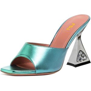 imageFSJ Women Square Open Toe Mules Slip On Chic Crystal Flared Heel Sildes Sandals Backless Fashion Wedding Dress Slipper Shoes Size 416 USTurquoise