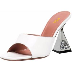 imageFSJ Women Square Open Toe Mules Slip On Chic Crystal Flared Heel Sildes Sandals Backless Fashion Wedding Dress Slipper Shoes Size 416 USWhite
