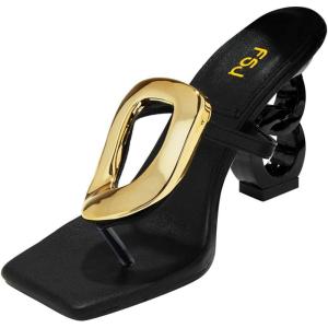 imageFSJ Women Square Open Toe Thong High Heel Sandals Gold Detail Chain Heel Flip Flops SlipOn Summer Mules Comfortable Sexy Slippers Size 416 USBlack