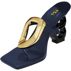 imageFSJ Women Square Open Toe Thong High Heel Sandals Gold Detail Chain Heel Flip Flops SlipOn Summer Mules Comfortable Sexy Slippers Size 416 USBlue