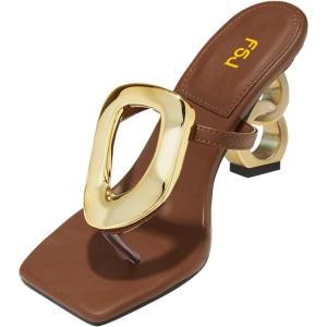 imageFSJ Women Square Open Toe Thong High Heel Sandals Gold Detail Chain Heel Flip Flops SlipOn Summer Mules Comfortable Sexy Slippers Size 416 USBrown