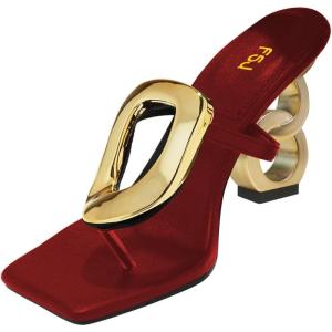 imageFSJ Women Square Open Toe Thong High Heel Sandals Gold Detail Chain Heel Flip Flops SlipOn Summer Mules Comfortable Sexy Slippers Size 416 USRed