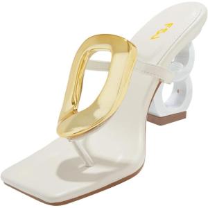 imageFSJ Women Square Open Toe Thong High Heel Sandals Gold Detail Chain Heel Flip Flops SlipOn Summer Mules Comfortable Sexy Slippers Size 416 USWhite