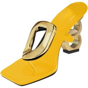 imageFSJ Women Square Open Toe Thong High Heel Sandals Gold Detail Chain Heel Flip Flops SlipOn Summer Mules Comfortable Sexy Slippers Size 416 USYellow
