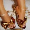 imageFSJ Women Bow Heeled Sandals Slip On Open Toe Metal Chain Block Chunky Heel Mules Metallic Knot Wedding Summer Evening Dress Shoes Size 416 USGold