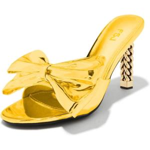 imageFSJ Women Bow Heeled Sandals Slip On Open Toe Metal Chain Block Chunky Heel Mules Metallic Knot Wedding Summer Evening Dress Shoes Size 416 USGold