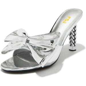 imageFSJ Women Bow Heeled Sandals Slip On Open Toe Metal Chain Block Chunky Heel Mules Metallic Knot Wedding Summer Evening Dress Shoes Size 416 USSilver