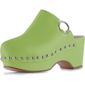 imageFSJ Women Casual Closed Toe Platform Mid Heel Slides Mules Backless Slip On Round Metal Studded Rivets Clogs Shoes Size 415 USGreen