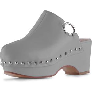 imageFSJ Women Casual Closed Toe Platform Mid Heel Slides Mules Backless Slip On Round Metal Studded Rivets Clogs Shoes Size 415 USGrey