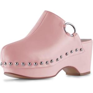 imageFSJ Women Casual Closed Toe Platform Mid Heel Slides Mules Backless Slip On Round Metal Studded Rivets Clogs Shoes Size 415 USLightpink