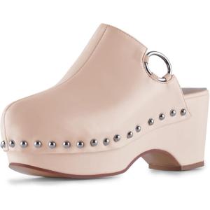 imageFSJ Women Casual Closed Toe Platform Mid Heel Slides Mules Backless Slip On Round Metal Studded Rivets Clogs Shoes Size 415 USNude