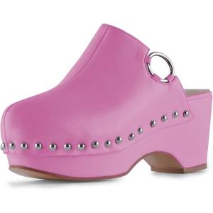 imageFSJ Women Casual Closed Toe Platform Mid Heel Slides Mules Backless Slip On Round Metal Studded Rivets Clogs Shoes Size 415 USVioletred