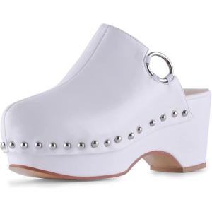imageFSJ Women Casual Closed Toe Platform Mid Heel Slides Mules Backless Slip On Round Metal Studded Rivets Clogs Shoes Size 415 USWhite