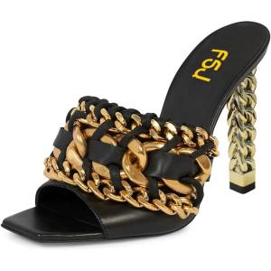 imageFSJ Women Chains Peep Toe Gold Metal Chunky High Heel Sandals Graceful Slip On Comfortable Summer Casual Mules Size 415 USBlack