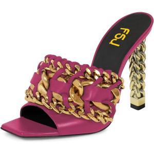 imageFSJ Women Chains Peep Toe Gold Metal Chunky High Heel Sandals Graceful Slip On Comfortable Summer Casual Mules Size 415 USFuchsia
