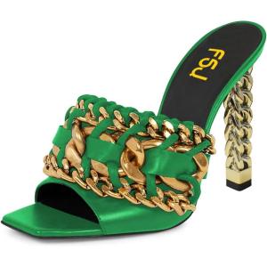 imageFSJ Women Chains Peep Toe Gold Metal Chunky High Heel Sandals Graceful Slip On Comfortable Summer Casual Mules Size 415 USGreen
