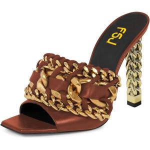 imageFSJ Women Chains Peep Toe Gold Metal Chunky High Heel Sandals Graceful Slip On Comfortable Summer Casual Mules Size 415 USSienna