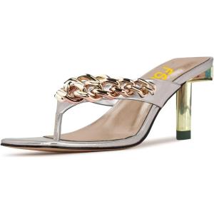 imageFSJ Women Flip Flops Sandals Metal Kitten Heel Square Open Toe Slip On Thong Dress Party Slippers Sexy Heeled Slide Mules Size 415 USSilverchain