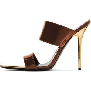 imageFSJ Women Sexy Double Strap Gold Slim High Heels Sandals Open Toe Slip On Slide Mules Size 415 USChocolate